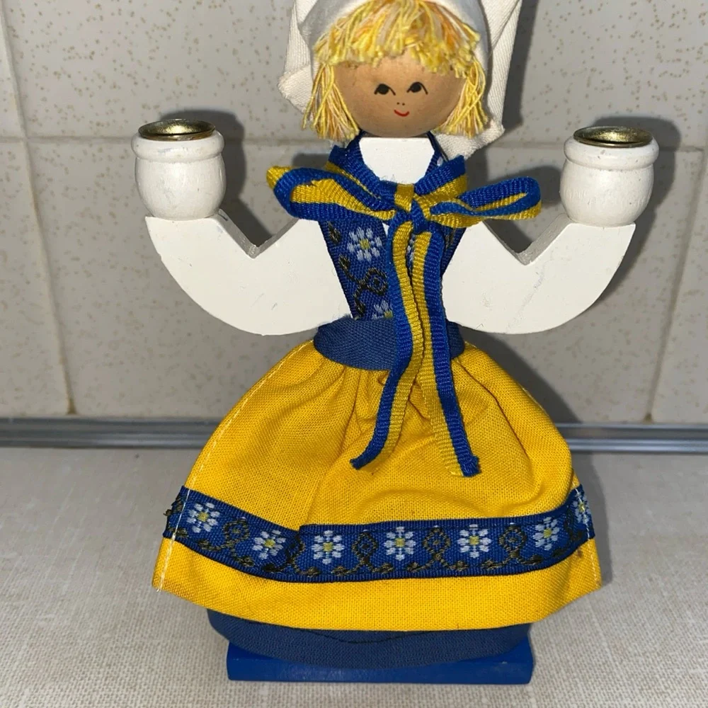 Butticki Vintage Lucia Swedish girl candlestick‎ holder wooden Sweden